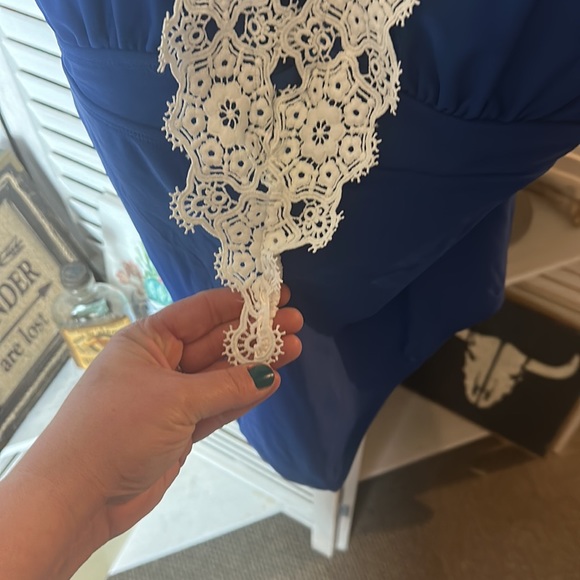 NWT DACI One Piece Swimsuit Blue With White Lace Plunge - Picture 3 of 8